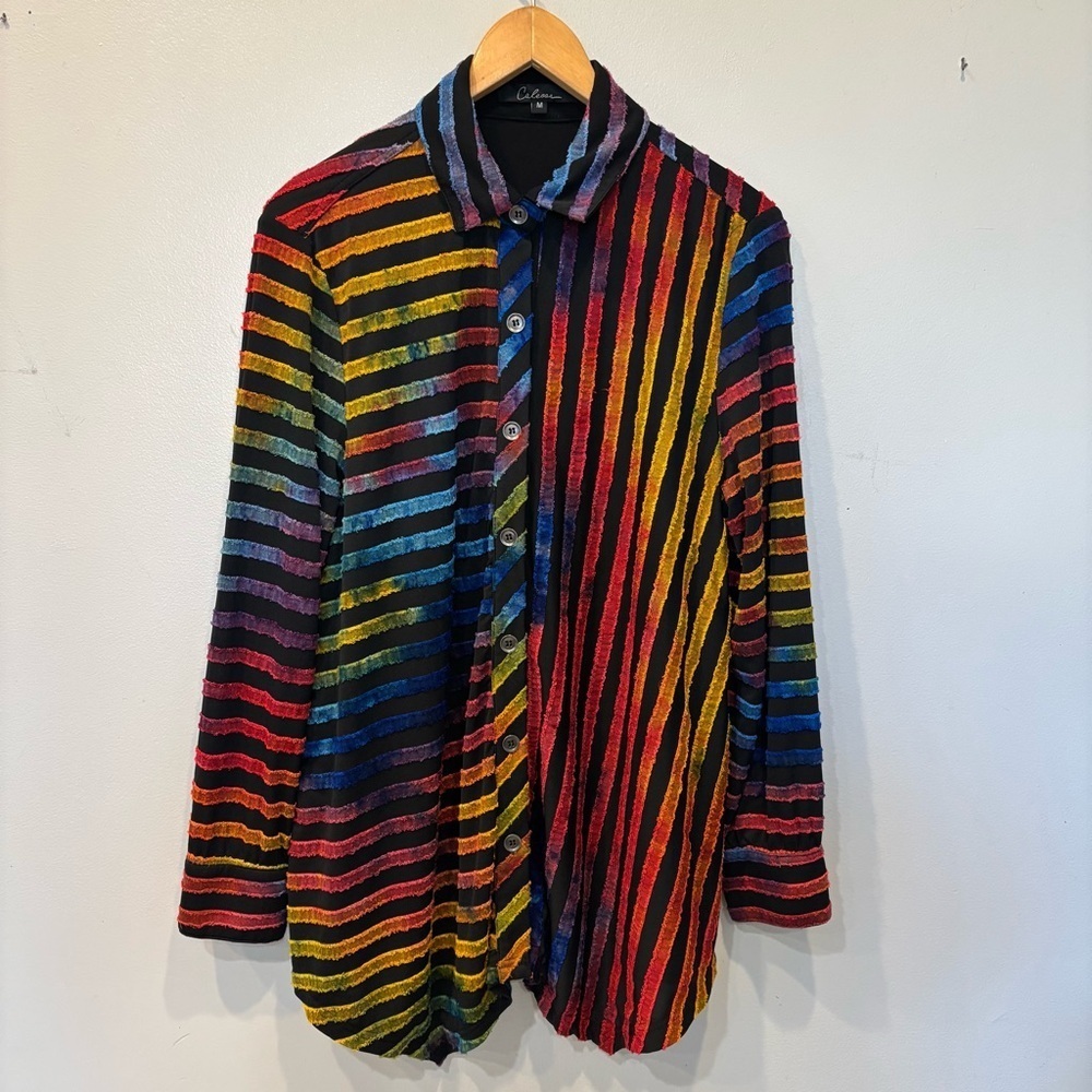 Calessa Textured Button Down Multicolor Tunic Top Women’s Size Medium